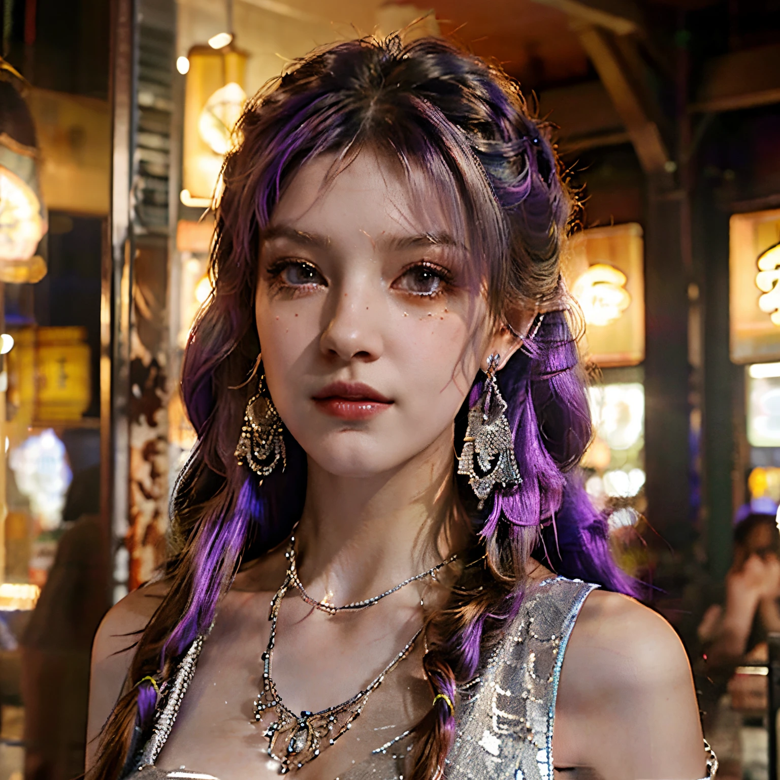 masterpiece, best quality, ultra high res,photon mapping,best shadow,portrait,beauty detail,ultra high detail,long purple hair,single braid,blunt bangs,medium breasts,city,chinatown,downtown,see through, short dress, low cut:2, hair ornament, earrings, necklace, portrait, silver dress:2, looking at viewer,solo,professional light, detailed skin,