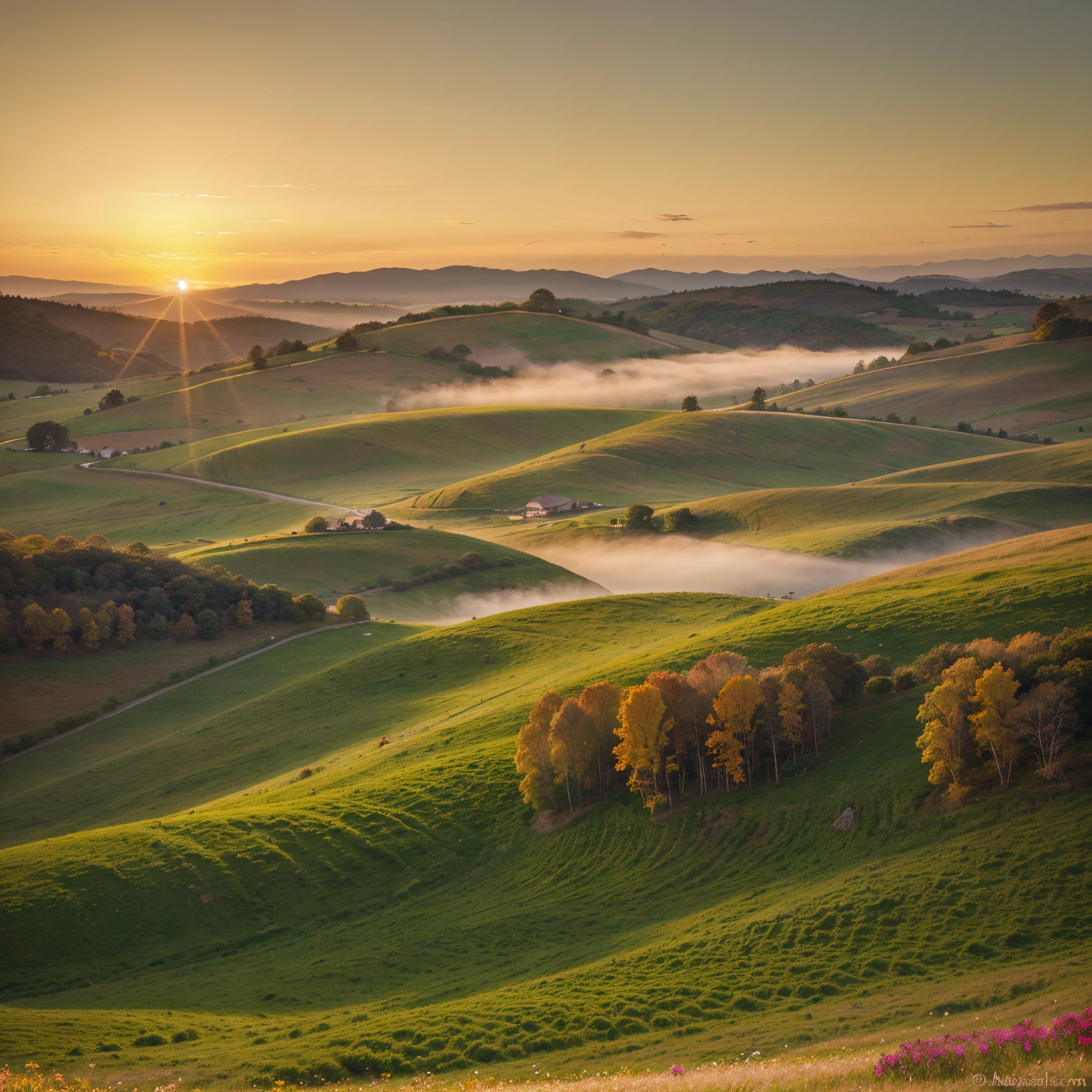 A breathtaking sunrise spills over scenic rolling hills and meadows, illuminating the landscape with its golden hues. The sky blazes with vibrant shades of orange, crimson, and pink, while wisps of morning mist dance gracefully above the grassy fields. The image, rendered as a stunning oil painting, captures the serene beauty of nature's awakening. Every brushstroke perfectly captures the details of the undulating hills and the delicate blades of grass, culminating in an exquisite masterpiece of light and color.