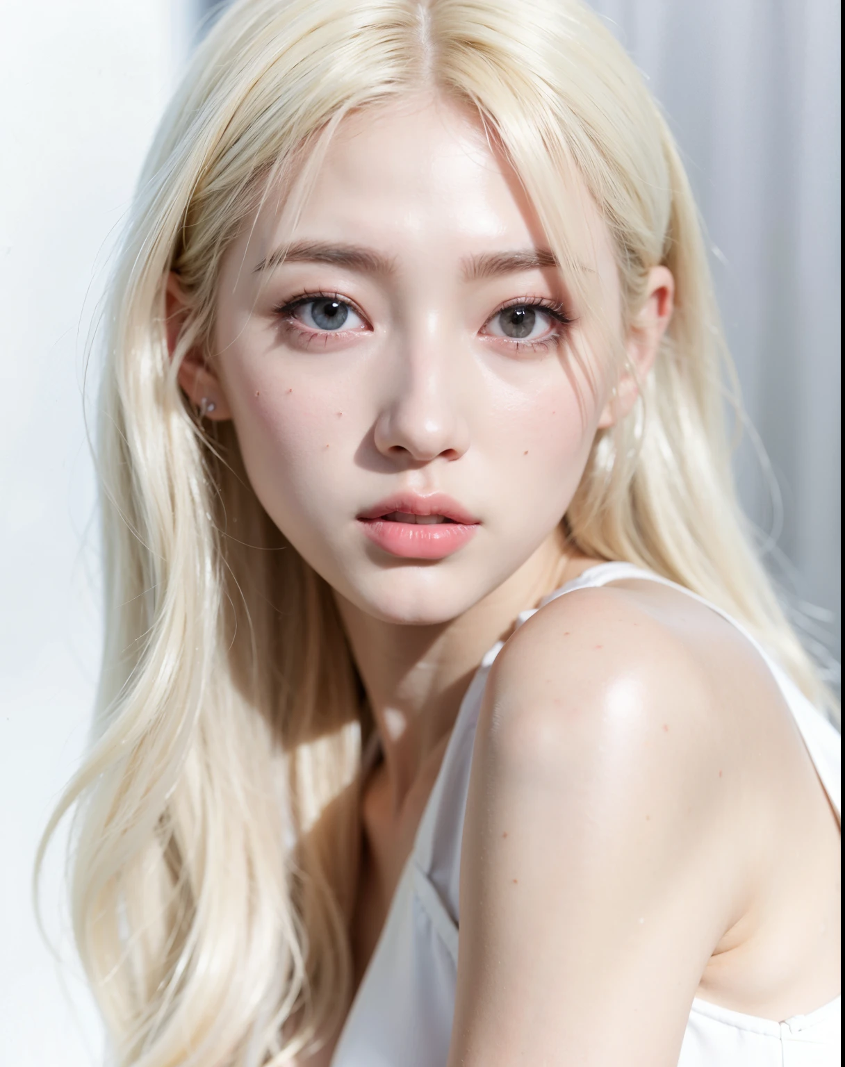 um close up de uma mulher com longos cabelos loiros e um top branco, pale glowing skin, pale porcelain white skin, Jinyoung Canela, Kim Doyoung, Jaeyeon Nam, pale fair skin!!, pale hair, pele branca leitosa, ivory pale skin, maquiagem sul-coreana popular, Parque Roseanne do Blackpink, pale snow white skin, pale milky white porcelain skin