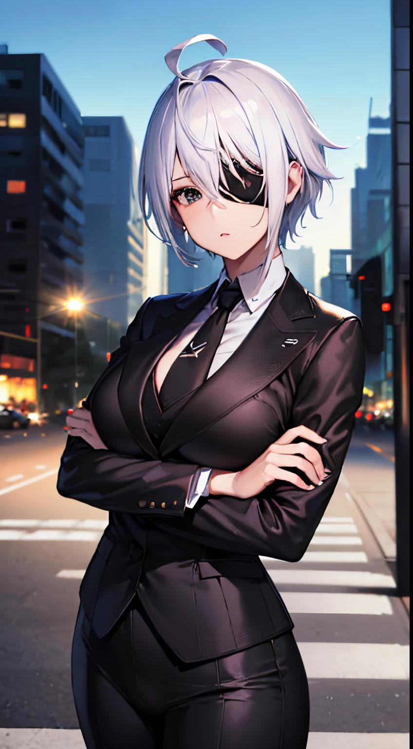 (Highres,4k,best quality:1.2),ultra-detailed,Female,short white hair,black eyes,ahoge,black suit,black pants, eyepatch,city background,portrait,professional lighting,realistic colors,sharp focus, crossed arm