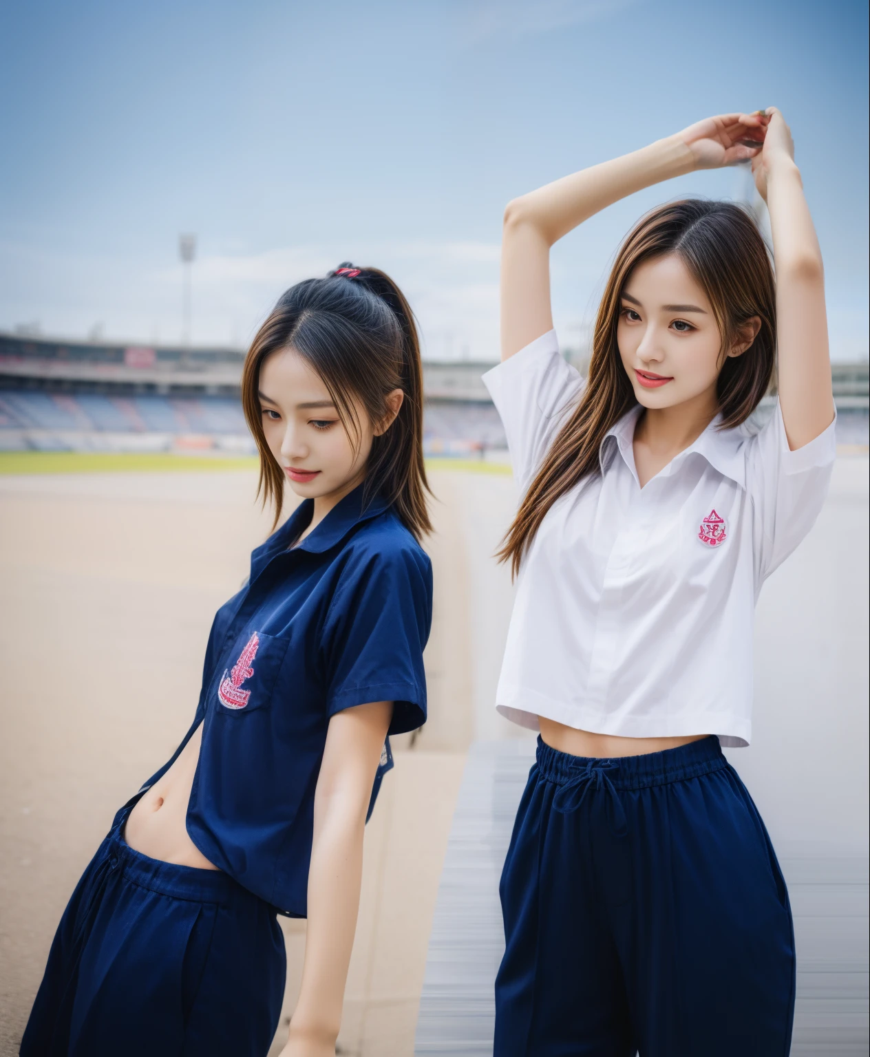 (bestquality,10,10,highres,masterpiece:1.2),ultra-detail,(Realistic,photorealistic portrait,photo-realistic:1.37),1 Cute girl in the football field,oily shiny skin,bara,light smile,BDclothelue shirt:1.3)),short sleeves,shirt, trousers.,(navy_long_Pants Track:1.1), ((Stadium Background:1.3)),dynamic angle,excited,face focus,Dynamic Poses,from behide,Ass Focus,masterpiece, bestquality, ultra realistic, hyper-detail, 8k resolution, RAW photo, crisp focus, ((Navy blue shirt:1.1)), short sleeves, Long Path, Perfect body, 2 mature women, 18yo, cinematic light,Blue sweatpants,Gymware,Correct anatomy,Complete body, Correct body, sharp face, Anatomically correct body, full entire body, Realistic gestures, long-haired, Realistic poses,Wear long shorts.....................................,Long leg span,Shapely,Sculpting Girl, Slender Figure, mannequin mannequins, Shapely, Beautiful body,Blue sweatpants, Two girls kissing