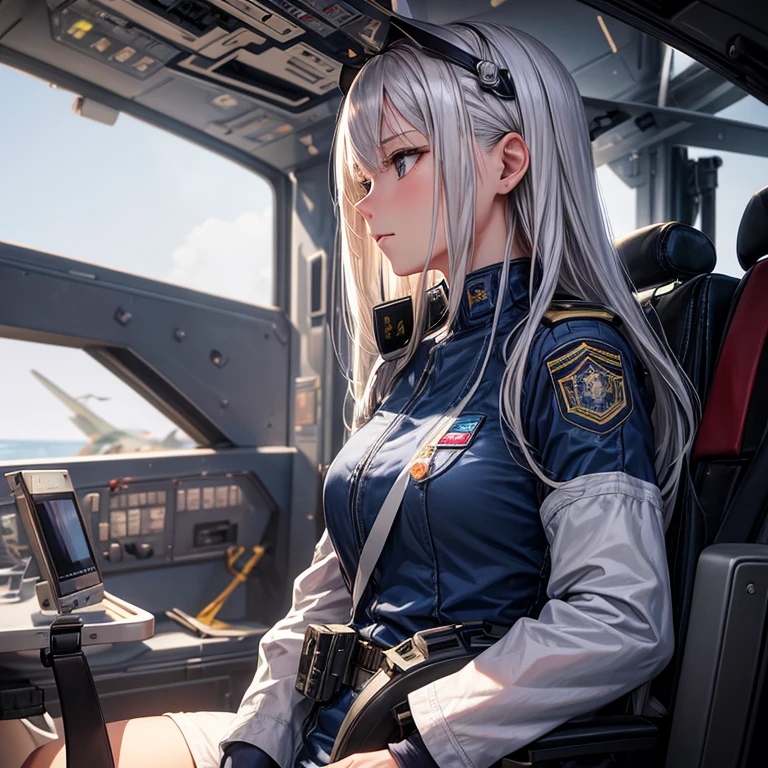 masterpiece,best qualtiy,Photorealista,lifelike rendering,1人の女性,Silver hair, cowboy shot,profile,during daytime,pilot woman、Open the cockpit hatch of a fighter jet、I salute you here、motion-blur,military outfits、Top image quality、