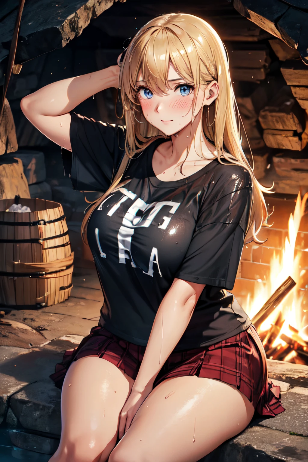 (High quality, High resolution, Fine details), Realistic, (Inside the cave), Bonfire, (Sitting), BREAK (Wet hair:1.2), (Clothes are wet:1.2), (T-shirt), (Skirt), solo, Watching a bonfire, curvy women, sparkling eyes, (Detailed eyes), blush, Sweat, Oily skin, Snapshot, shallow depth of field