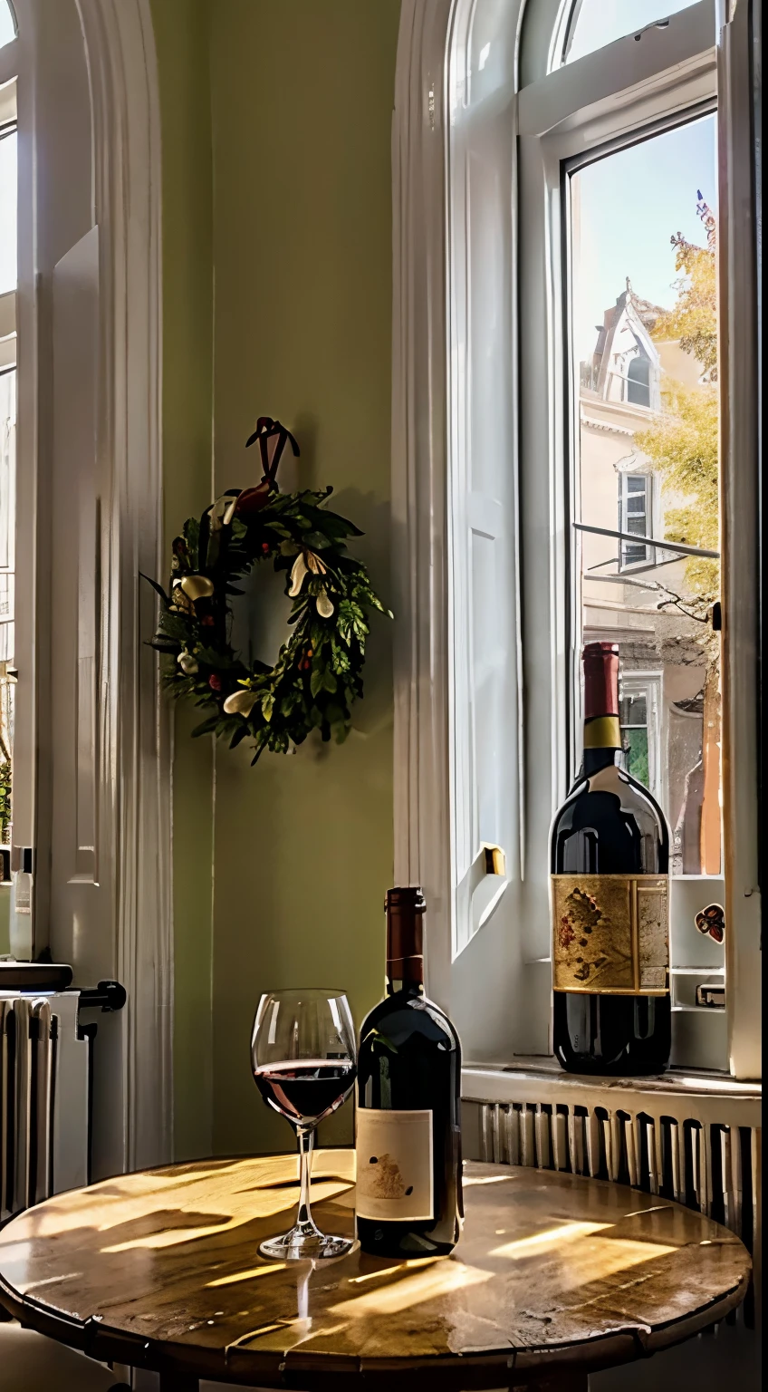 high-definition photograph，A high resolution，tmasterpiece，((There was a bottle of red wine on the table))，cupcakes and bread,  goblet,  Christmas tree, Window lighting , brightened light, light green curtains, Christmas bunting，Christmas gifts, classical decorative painting , In a retro bar, Bright background, Good sunshine, festive atmosphere，without humans