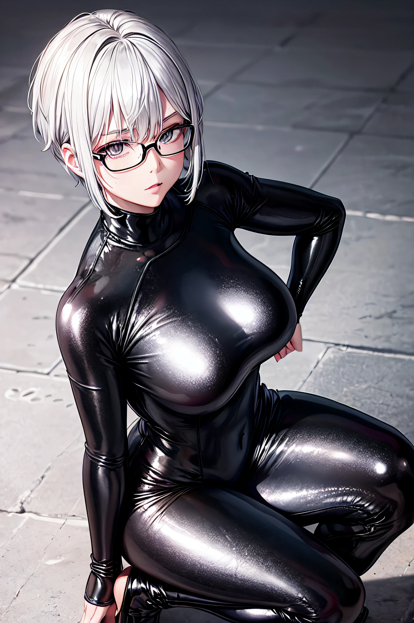 5 8K UHD、Wearing glasses、A beautiful woman with short silver hair in a black metallic latex sweatsuit is posing with her legs apart while squatting、black metallic latex sweatsuit with hidden skin