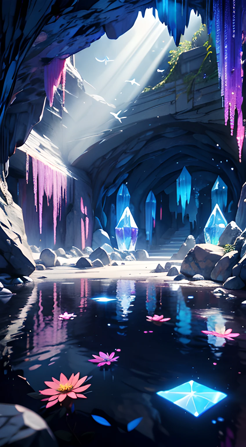cave with crystal, krystal, crystal rock, crystal flower, crystal bird reflection, Rays, illumination, glowing particles, Caustics, 
Ultra-realistic illustrations and highly detailed digital renderings, 
Photon mapping, Radio City, Physically-based rendering,
