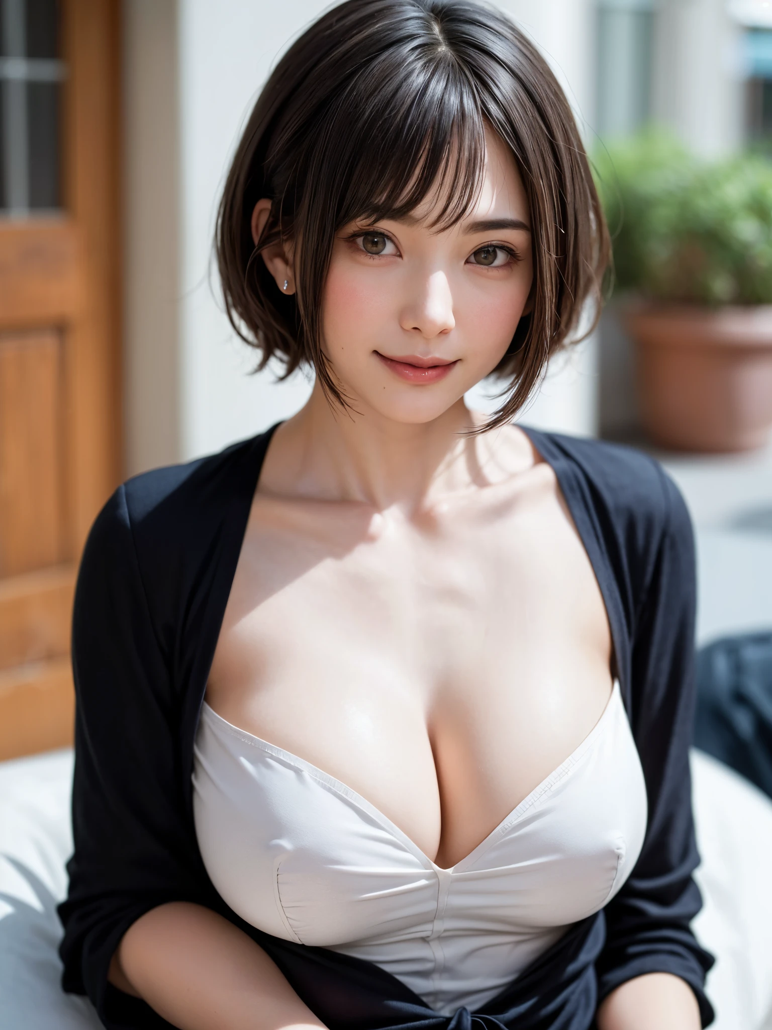 (masterpiece, top-quality),1girl in, 独奏, A dark-haired, scarf, Hats, realisitic, realisitic, looking at the viewers, black eyes of light color, Brunette Short Bob Hair, Brown coat,, s lips, bangss, plein air, The upper part of the body、big eye、Beautiful view of Lassi with sparkling snow))、(((short bob hair with bangs:1.4、rous hair、bangss:1.4、big eye、large full breaense highlighting of the eyes、gazing at viewer、Beautiful beauty、Put your ears out、long neck、little smiling、Smile、Ideal ratio body proportions)))、{Gigantic|Big|Huge|Mega} breasts, cl