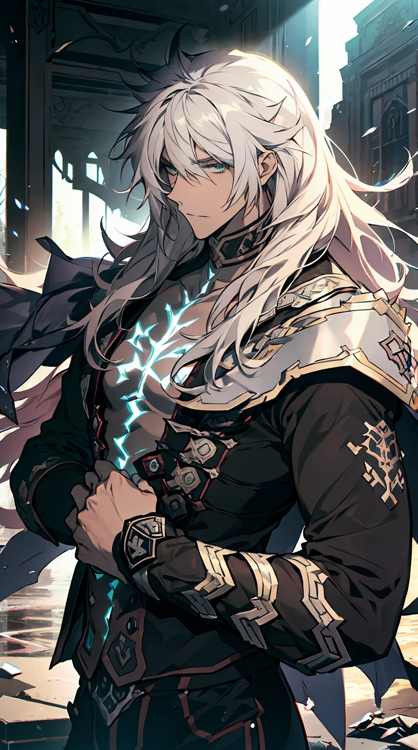 Upper body only photo, (Siegfried,Fate),1 Young Man、Solo, gray long hair、green eyes、most amazing quality、8K、In the ruins of the night,masterpiece