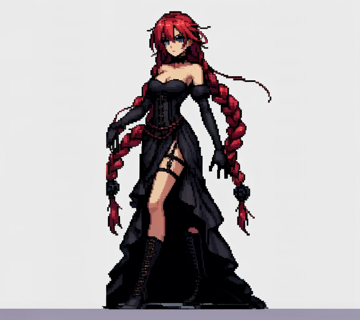 uma mulher de vestido preto, cabelo ruivo e saia longa, Rias Gremory, sprite visual novel, gothic maiden anime girl, Garota Anime usando um vestido preto, Lilith, Sprite de corpo inteiro, Feito em fabricante de RPG, ligeiramente pixelado, Pose de corpo inteiro de feiticeira escura, personagem de anime feminino, lamia, ela tem cabelos ruivos, personagem bruxa escura