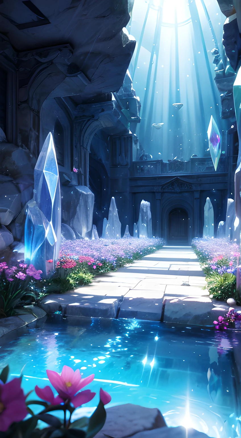 cave with crystal, krystal, crystal rock, crystal flower, crystal bird reflection, Rays, illumination, glowing particles, Caustics, 
Ultra-realistic illustrations and highly detailed digital renderings, 
Photon mapping, Radio City, Physically-based rendering,