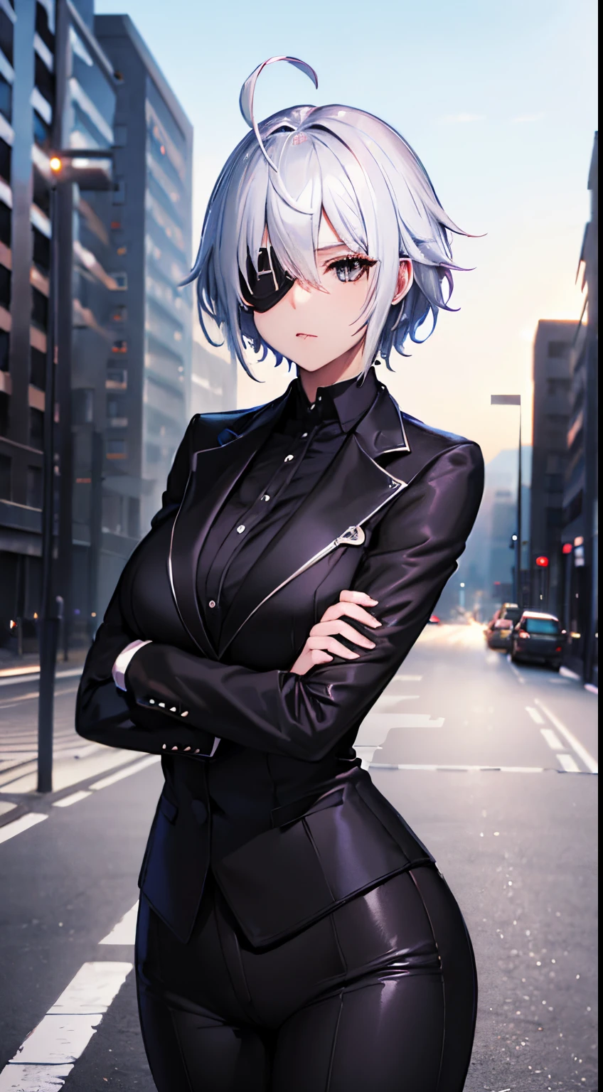 (Highres,4k,best quality:1.2),ultra-detailed,Female,short white hair,black eyes,ahoge,black suit,black pants, eyepatch,city background,portrait,professional lighting,realistic colors,sharp focus, crossed arm