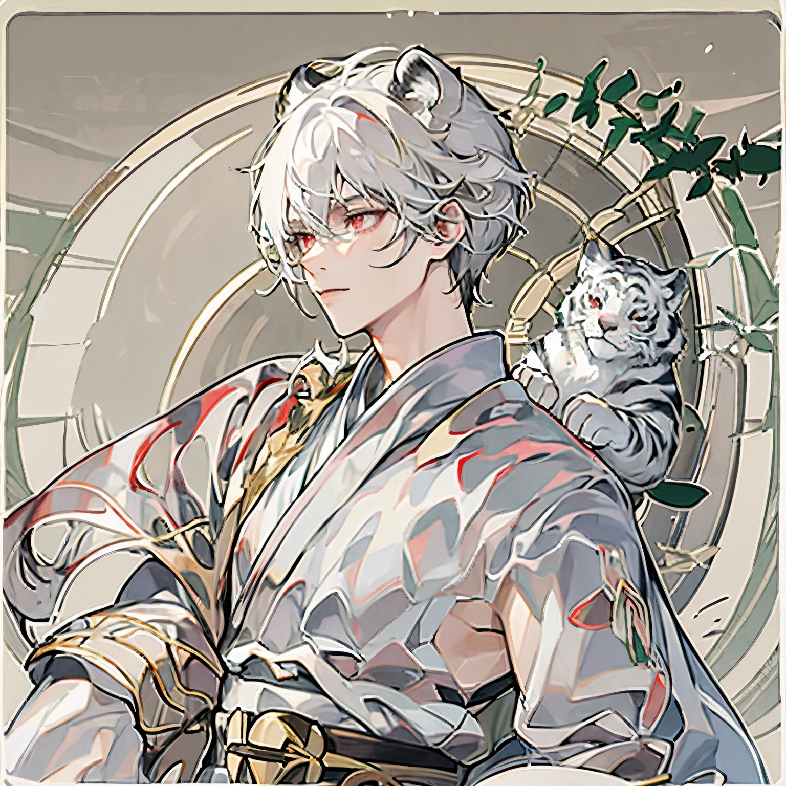 white hair boy, white tiger hybrid, red eyes, asian clothes, bamboo forest background