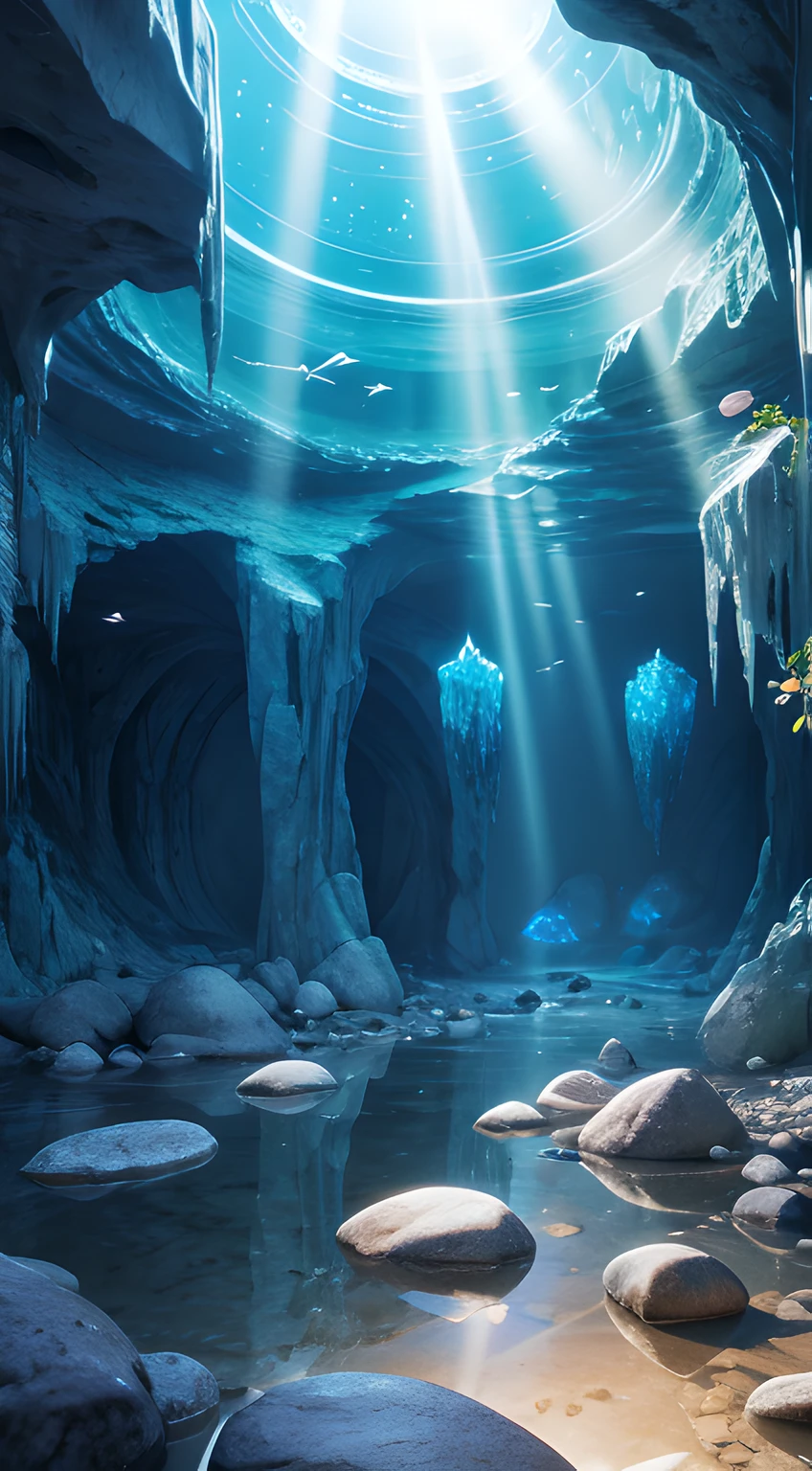 cave with crystal, krystal, crystal rock, crystal flower, crystal bird reflection, Rays, illumination, glowing particles, Caustics, 
Ultra-realistic illustrations and highly detailed digital renderings, 
Photon mapping, Radio City, Physically-based rendering,