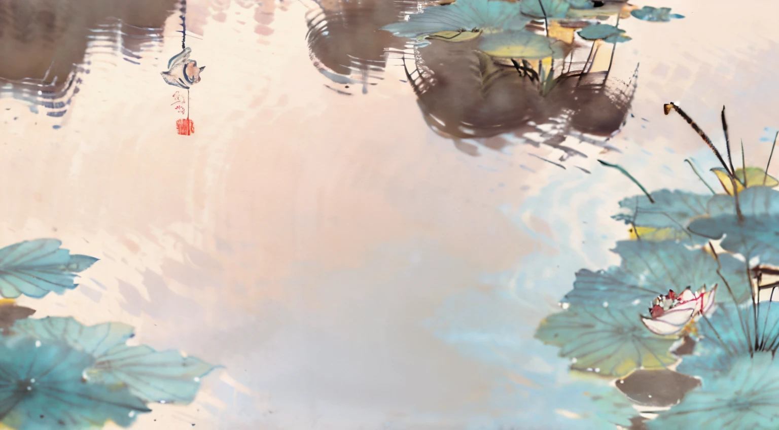 small pond scene,There are fish swimming around in the water,ripple on water,Lotus flowers decorate the scene,Chinese Gongbi Painting。