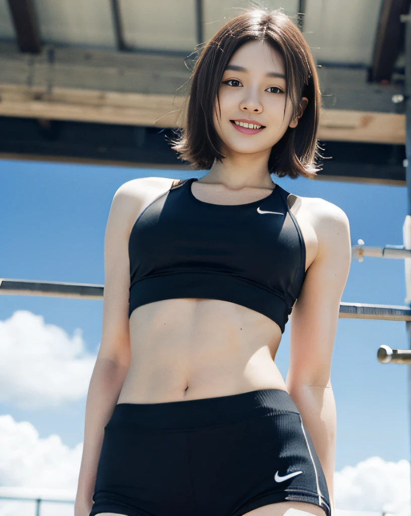 zydG, ((Cowboy Shot)),((From below)), 1girl in, Front view, to stand, Look at viewers, Exposed skin, (From below),Brown-eyed, (very short brown hair:1.2), (Light hair), (medium breasts:1.4), smile with white teeth, (Photorealsitic:1.4), (Top image quality:1.0), (超A high resolution:1.0), 8K, Raw photography, (masterpiece:0.2), track and field uniform, Show abs, (Sweat, Wetty:1.1), portlate, facefocus, fullllbody,(pureerosface_v1:0.5), plein air, track and field,