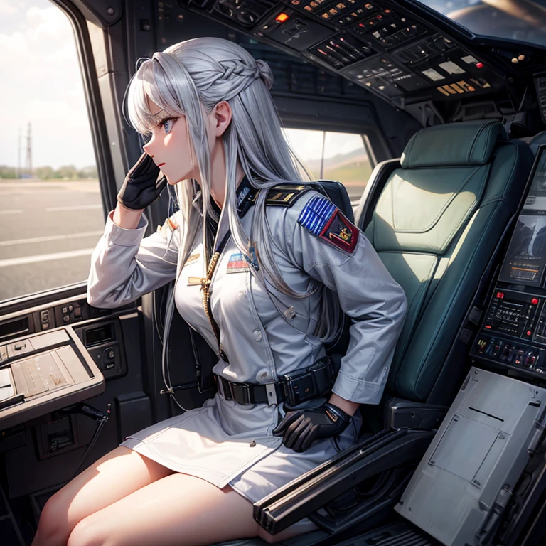 masterpiece,best qualtiy,Photorealista,lifelike rendering,1人の女性,Silver hair, cowboy shot,Looking at the camera、profile,during daytime,pilot woman、fighter jet seats、Open the cockpit hatch of a fighter jet、Salute Pose、motion-blur,military outfits、Top image quality、