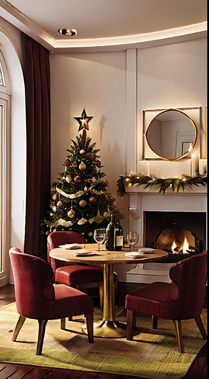 high-definition photograph，A high resolution，tmasterpiece，((There was a bottle of red wine on the table))，cupcakes and bread,  goblet,  Christmas tree, Window lighting , brightened light, light green curtains, Christmas bunting，Christmas gifts, classical decorative painting , In a retro bar, Bright background, Good sunshine, festive atmosphere，without humans