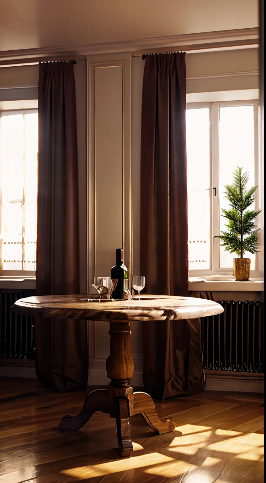 high-definition photograph,A high resolution,tmasterpiece,((There was a bottle of red wine on the table)),cupcakes and bread, goblet, Christmas tree, Window lighting , brightened light, light green curtains, Christmas bunting,Christmas gifts, classical decorative painting , In a retro bar, Bright background, Good sunshine, festive atmosphere,without humans