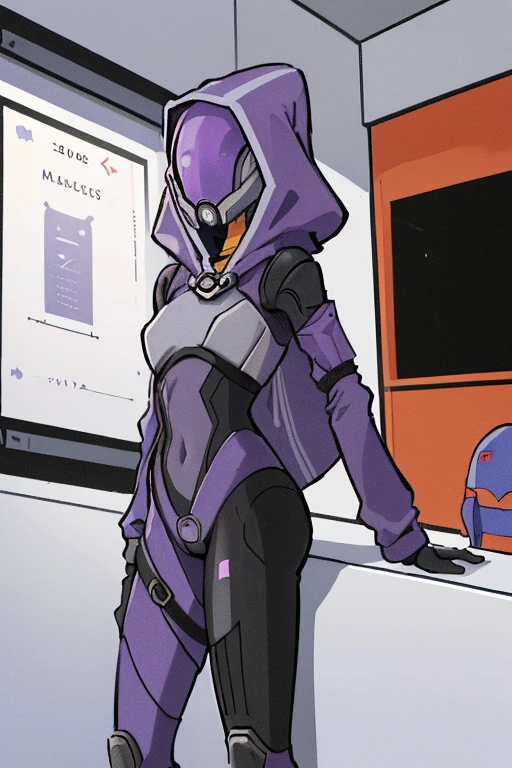((masterpiece,best qualtiy)), ((2000s anime, early 2000's inspired anime)), tali, 1girl, solo, hood, purple bodysuit, mask, (helmet, faceless), hood up, alien, inside, Tali'Zorah, mass effect fantasy, scifi woman, mass effect style, purple armor, full body portrait