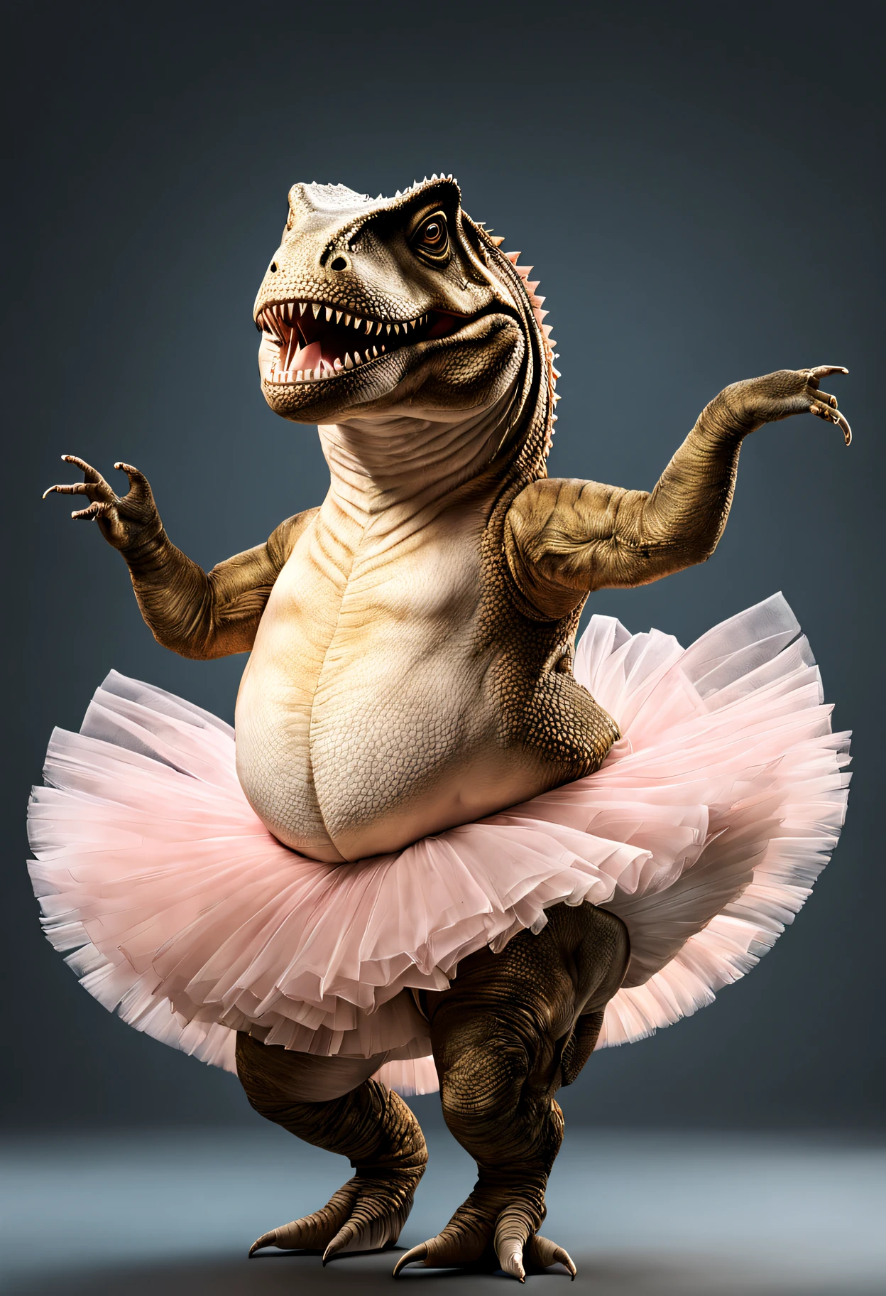 photorealistic portrait of Dressed animals - a fat T-rex ballet dancer,( ballet action posing), fluffy body, high quality,(lovely) ,intricate details, highly detailed ballet costume ,(highly detailed tutu), (happy), studio lighting,(full body image:1.5)