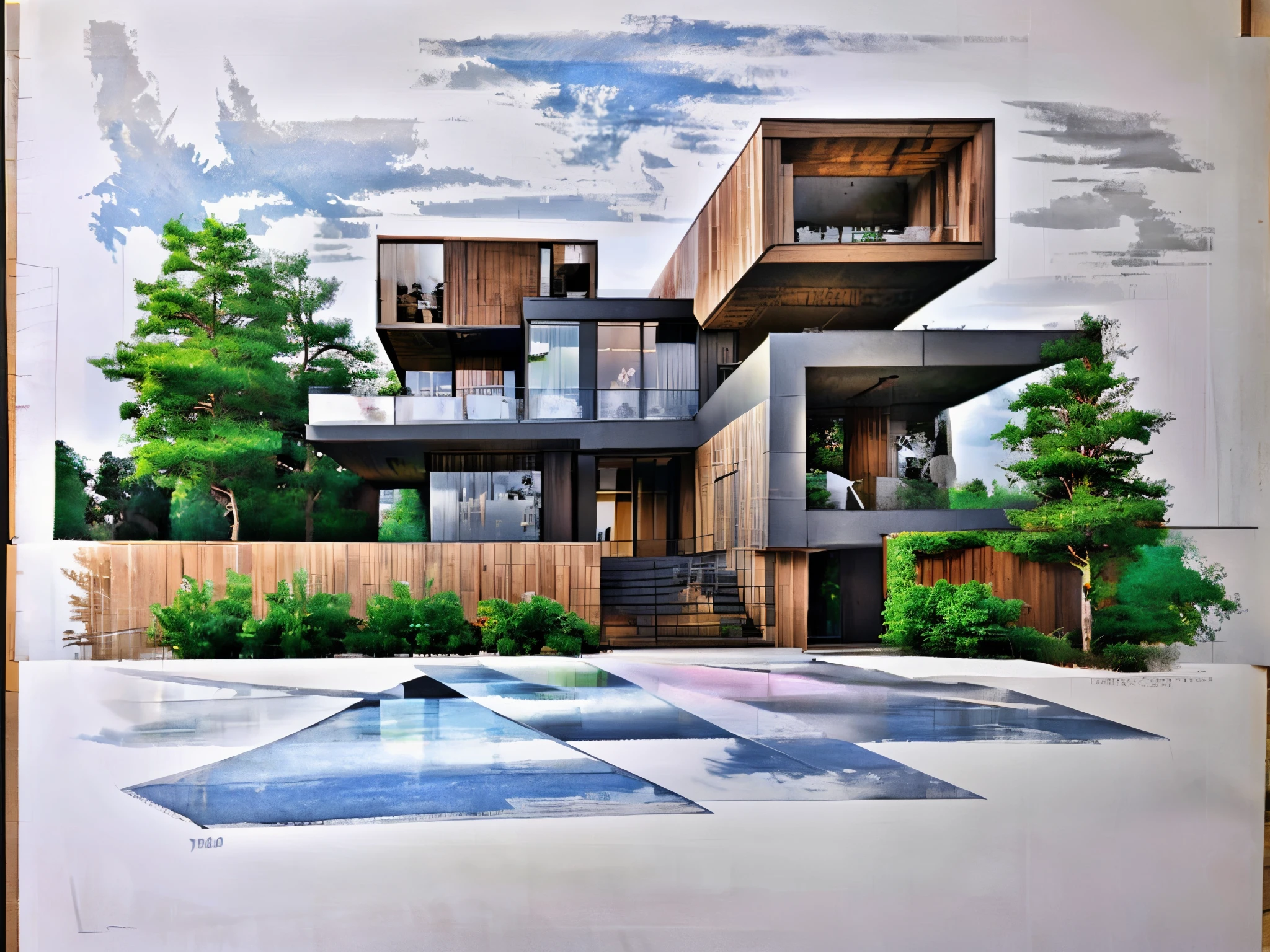 sketches of a house with a lot of windows and a lot of trees, architectural sketch, architecture drawing, drawing architecture, realistic architecture, in style of simplified realism, architectural concepts, ink pen sketch, inspired by Tadao Ando, sketch illustration, perfect pen and ink line art, architectural concept, modern architecture, architecture concept, two point perspective, pen sketch, ink sketch
