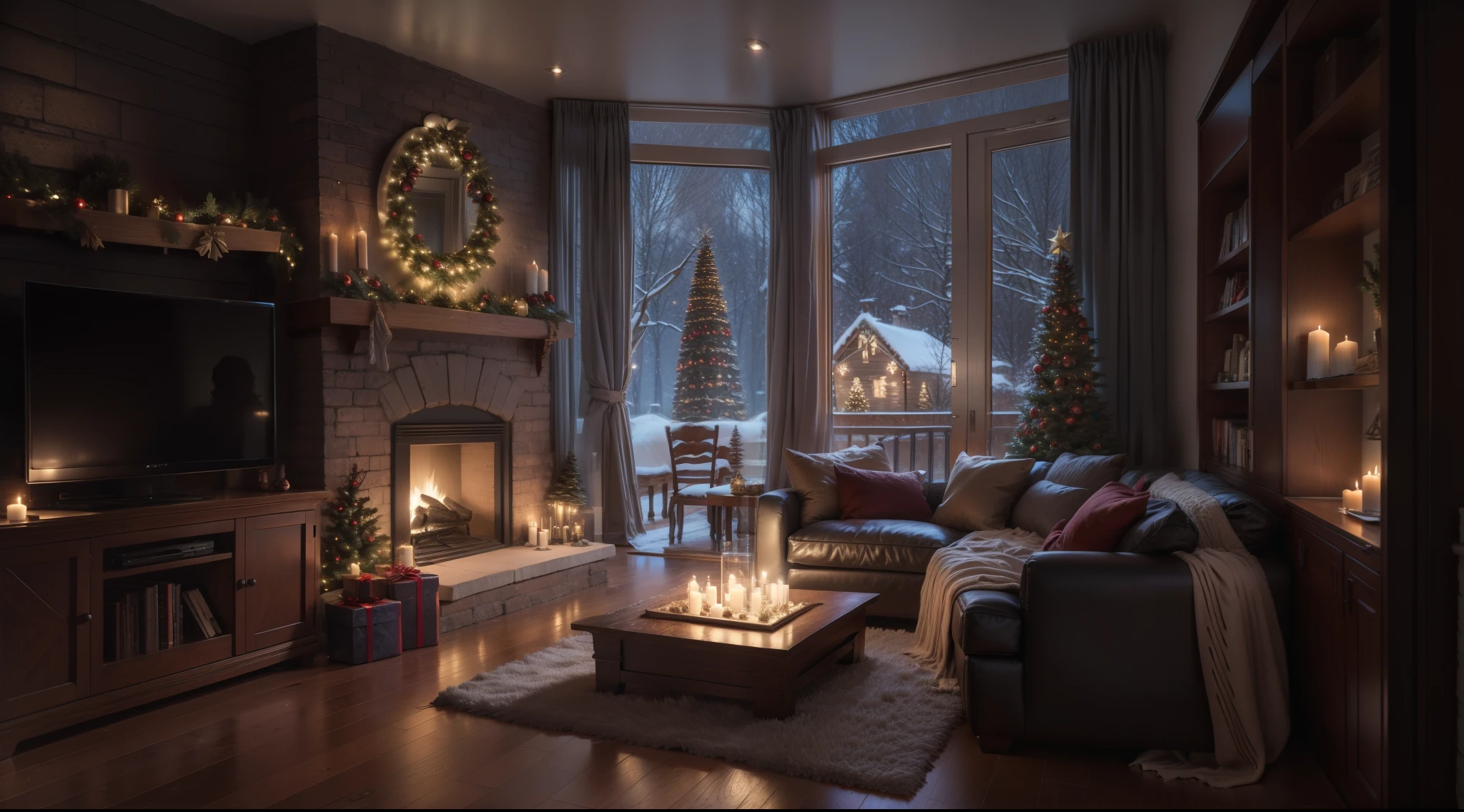 a living room filled with furniture and a fire place, cg society contest winner, romanticism, raining outside the cafe, winter night, photo realistic image, candlelit restaurant table, sweet home, in an evening autumn forest, cafe lighting, hyper - realistic lighting, snowing outside, romantic lighting, morning atmosphere