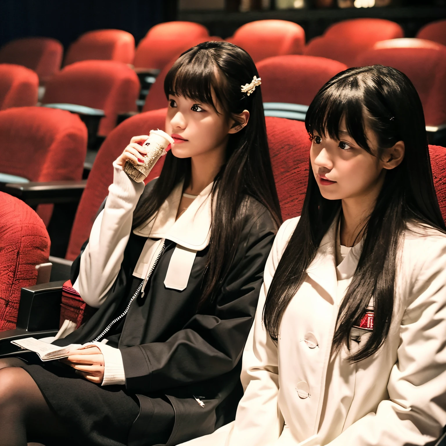 I was taking a photo at the movie theater, and the girl on the left is wearing a white outerwear and has long bangs.。The boy on the right is wearing black outerwear, has bangs, and has a slight nape.。Two dog stamps are attached.