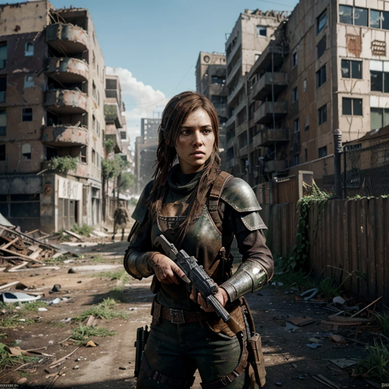 The last of us concept art, beautiful yet strong woman with brown hair, war paint, and a cut on her face dressed in metal armor, holding a gun, in a dystopian apocalyptic scene, where buildings are ruined and overgrown by plants