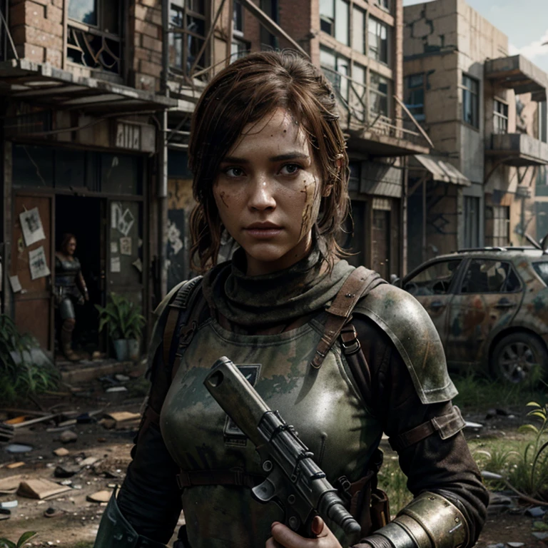 The last of us concept art, beautiful yet strong woman with brown hair, war paint, and a cut on her face dressed in metal armor, holding a gun, in a dystopian apocalyptic scene, where buildings are ruined and overgrown by plants
