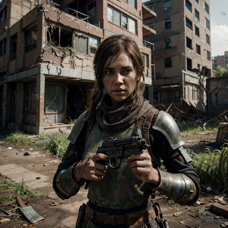 The last of us concept art, beautiful yet strong woman with brown hair, war paint, and a cut on her face  dressed in metal armor, holding a gun, in a dystopian apocalyptic scene, where buildings are ruined and overgrown by plants