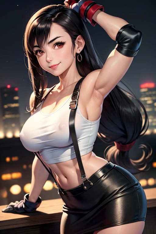 masterpiece, best quality, defTifa, white crop top, elbow pad, fingerless gloves, suspenders, pencil skirt, upper body, looking at viewer, leaning forward, smile, bar, city at night