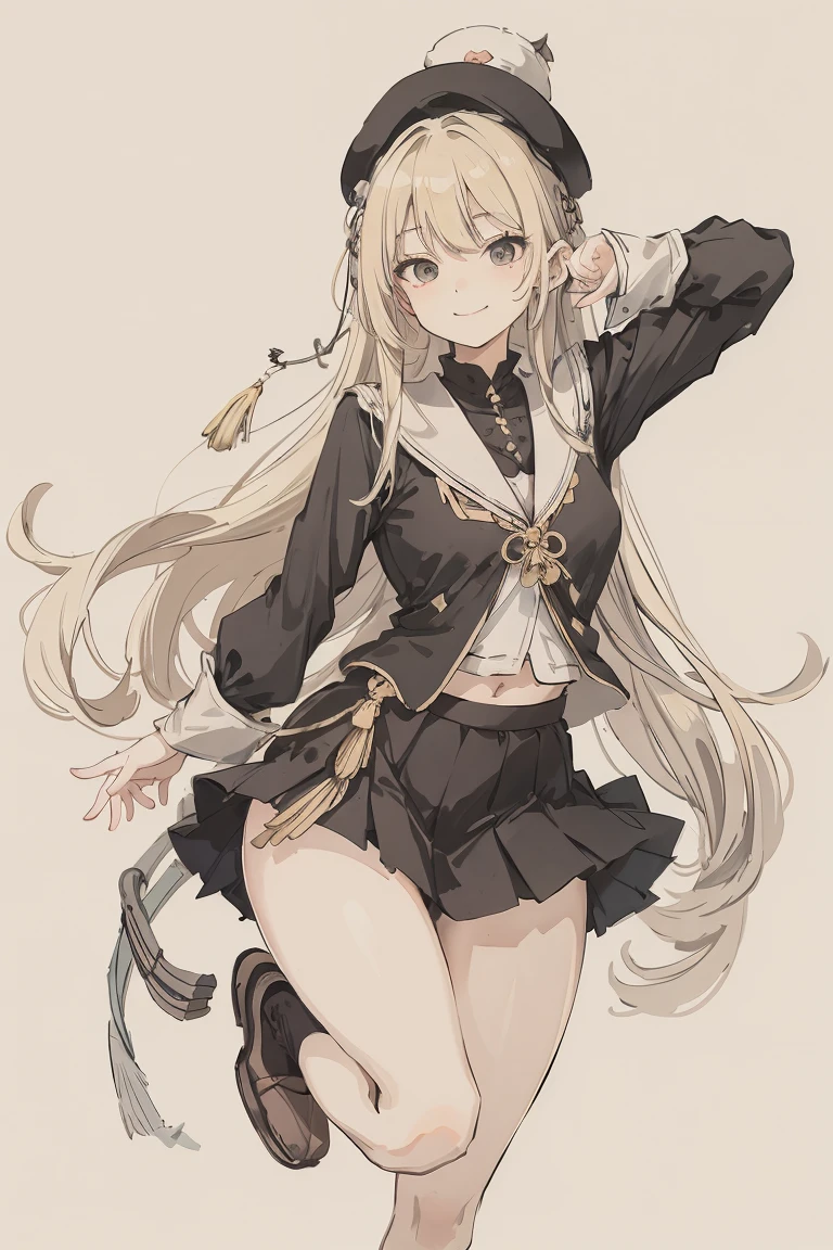 sparrow, a blonde haired girl, wearing a villager clothes, long hair, hair, black skirt, black villager uniform, slim body, , curious face, praying pose, seductive smile, mini skirt, white beret, medium breasts,