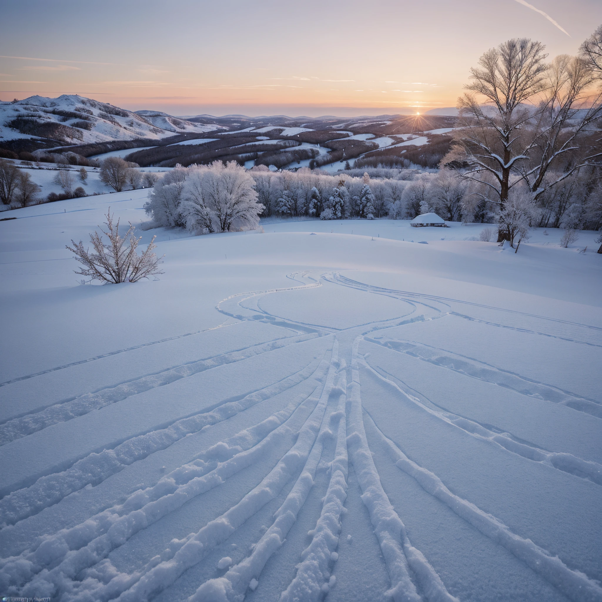 In the icy silence of a winter's morning, a serene snow-covered landscape emerges. The untouched expanse stretches beneath a soft pink sky, the first light of dawn casting a gentle glow upon the frosted trees and rolling hills. This breathtaking image, captured in a photograph, evokes a sense of tranquility and awe. The pure white snow sparkles like diamonds, each individual flake frozen in time. With impeccable clarity and meticulous attention to detail, the photographer skillfully captures the delicate beauty of nature's wintry embrace.