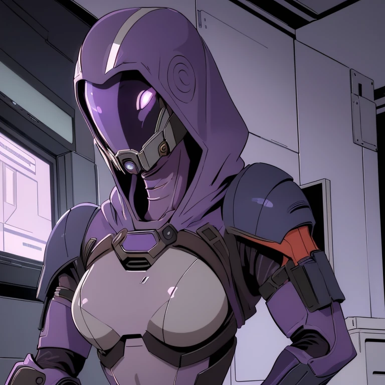 ((masterpiece,best qualtiy)), ((2000s anime, early 2000's inspired anime)), tali, 1girl, solo, hood, purple bodysuit, mask, (helmet, faceless), hood up, alien, inside, Tali'Zorah, mass effect fantasy, scifi woman, mass effect style, purple armor, full body portrait