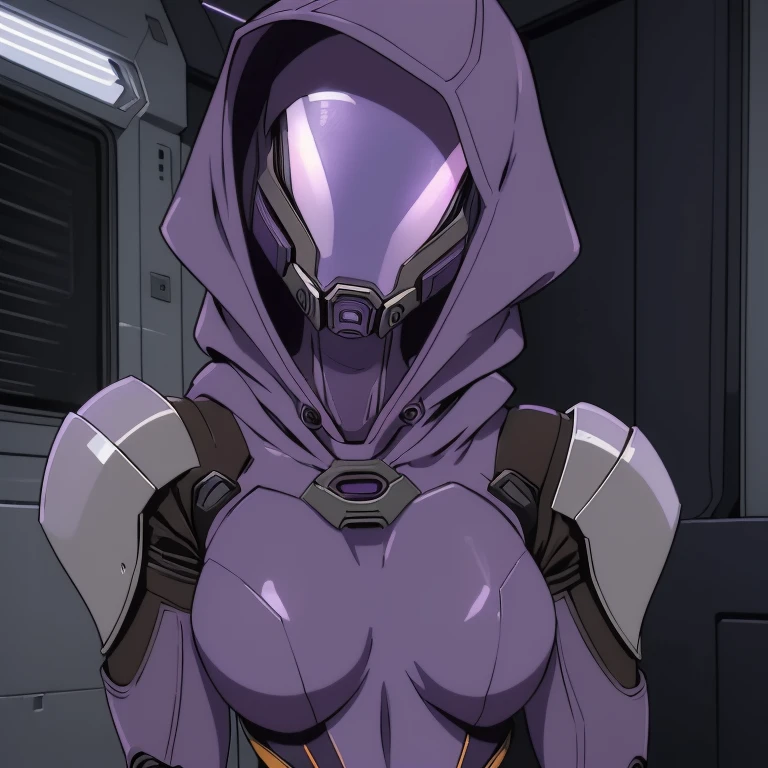 ((masterpiece,best qualtiy)), ((2000s anime, early 2000's inspired anime)), tali, 1girl, solo, hood, purple bodysuit, mask, (helmet, faceless), hood up, alien, inside, Tali'Zorah, mass effect fantasy, scifi woman, mass effect style, purple armor, full body portrait