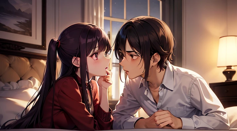 styles, masterpiece, top-quality, Special details, illustratio, Romance, a couple,reddish, tenderness, inner strength,a bed,natta, At night,Love atmosphere white and red tones, Blissful, Girl brown hair, Purple eyes, poneyTail, a couple, date, Profile of a man with black hair,Purple eyes,