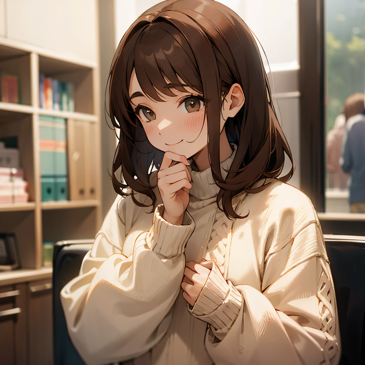 smiling woman、Brown hair、Sweaters