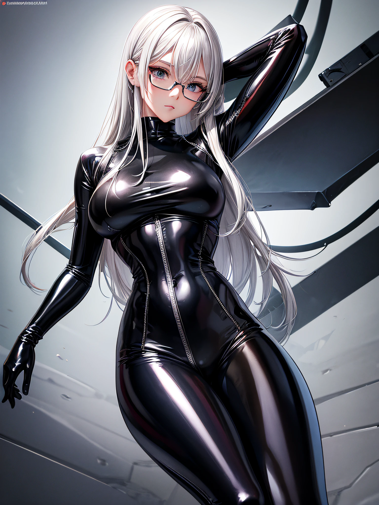 5 8K UHD、Wearing glasses、wearing a latex sweatsuit、A beautiful silver-haired woman posing with her legs open、Shiny latex sweatsuit with hidden skin