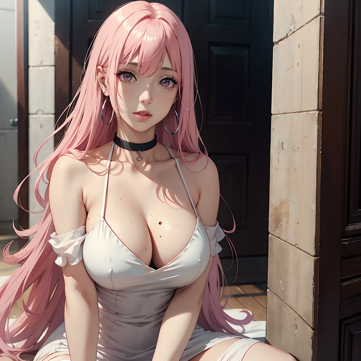 1 girl, solo, pink hair, brown eyes, fashionable, double-parted bangs, long hair, (mature female, mature:1.2), (pixiv:1.4), high quality, mole under eye, white gown, deep plunge top, earrings, choker, lipstick, moderate sized bust, thigh slit dress
