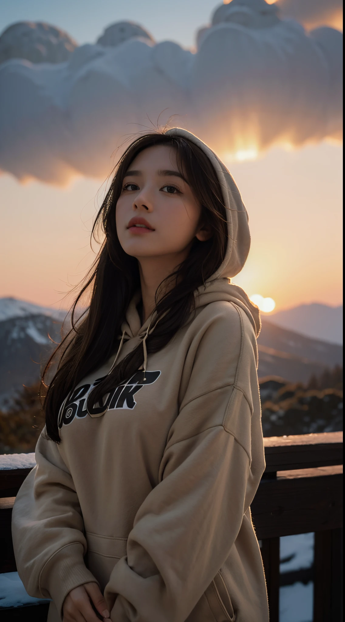 ((top-quality、8K、​masterpiece:1.3))、1girl in、Beautiful woman standing on snowy mountain:1.3、(brown long-haired、Colossal tits:1.4)、(Big Silhouette M51 Field Hoodie:1.5)、Super delicate face、Delicat eyes、二重まぶた、Close-up of upper body from below、Sunset、looking distantly
