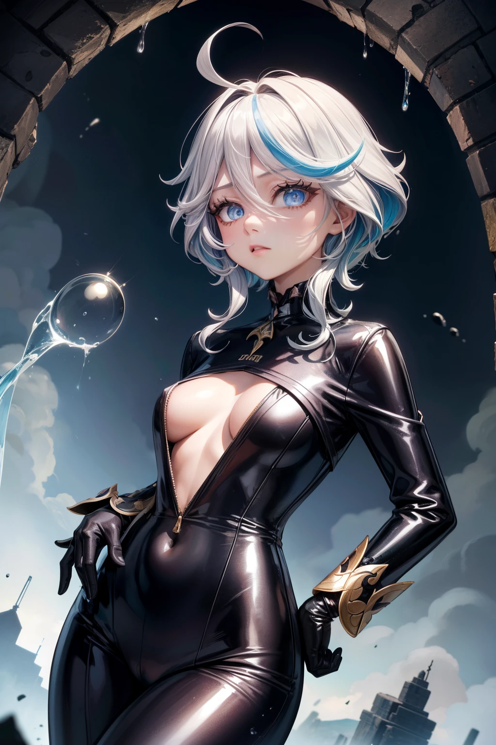tmasterpiece, Best quality, Outdoor sports, venue, at a forest, grassy, the eye of the universe,Long gray hair,hair covering one eye,((Gradient hair)),Multicolored eyes, Gradient eyes, eyeslashes, , Latex concept, 1 sister, Alone, looking at viewert, upper part of body, plum, mitts,Hazen, fat, both hands on hip, tightsuit, skin tight, latex, Black Jumpsuit, blue jumpsuit, shinning clothes, Shiny, Cover the navel, Steaming,tmasterpiece, Best quality, 1 sister, Forina, genshin impact, White hair, Blue hair, Cute big breasts, tear pupil, sad, Critical hit rate, Under water, airbubble, bigger, falling into oblivion, Abandoned cities,long black gloves