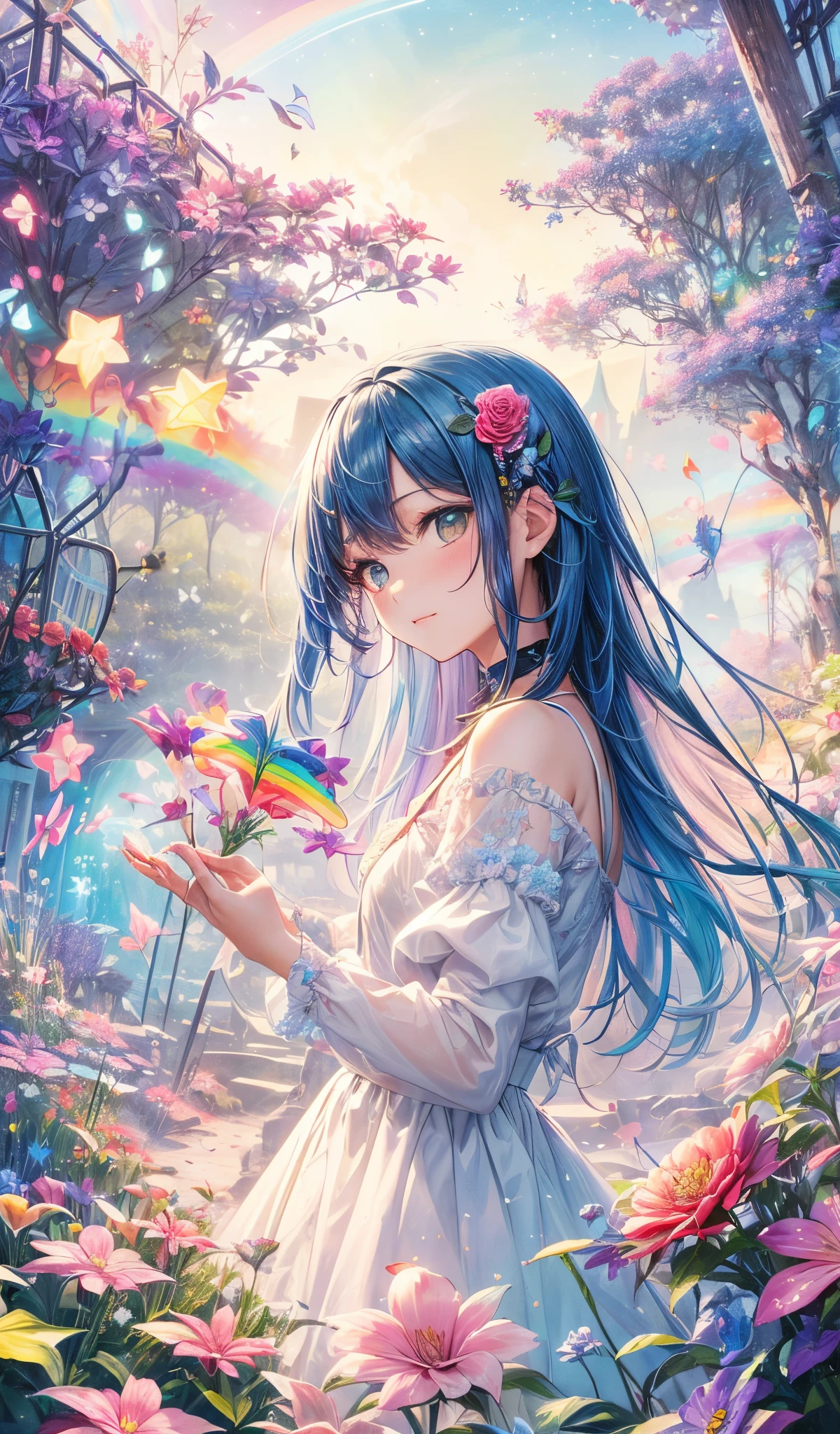 Melody Mark,top-quality、masutepiece、1womanl、独奏、(abstract art:1.6),(Psychedelia Theme:1.6),(Gunjo World:1.5),(Marine:1.5),(Blue World:1.5),(At the center of the world is the most beautiful woman in the world),(many stars are falling:1.3),A ray of light spreads,Crystals spreading from the center,prisma(Nostalgic landscapes:1.5),(colorful flower:1.3),Garden Girl,gentle sunlight,Soft breeze,Delicate flowers,A rainbow-colored butterfly flaps its wings,Mesmerizing natural beauty,Fragments of Shining Stars, krystal,