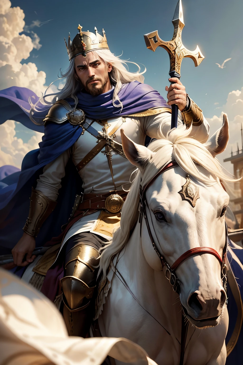 Then I saw the open sky, e apareceu um cavalo branco. O seu cavaleiro se chama Fiel e Verdadeiro. He judges and fights with justice. Os seus olhos eram como chamas de fogo, and he had many crowns on his head. There was a name written on it that no one knows, Except himself. A sua capa estava encharcada de sangue. It is called “The Word of God”. The armies of heaven followed him, montados em cavalos brancos e vestidos de linho branco e puro. From his mouth came a sharp sword, with which he will overcome the nations. He will rule them with a rod of iron and trample the grapes in the pool of the fierce wrath of God Almighty. Na capa e na perna dele estava escrito este nome: “King of kings and Lord of lords.