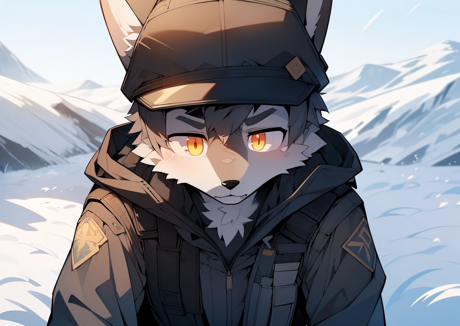 high detail, hyper quality, High Resolution, 1080p, 独奏, Furry, (Male Arctic Fox: 1.5), (grey fur: 1.3), grey skin, Grey Ears, golden eyes, sharp claws, (furry tail: 1.2), (Carrying soldier's equipment)), Wearing bulletproof vests, ((Wearing soldiers' helmets)), Ruins on the battlefield, Detailed background