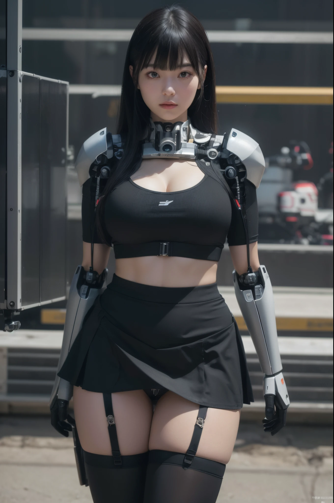 masutepiece, Best Quality, Extremely detailed, (Photorealistic:1.4), (8K, 4K, Best Quality, hight resolution, 超A high resolution:1.1), 8K portrait,1girl in, Japaese Cyborg Girl,Plump , announcer,control panels,android,Droid,Mechanical Hand, ,Robot arms and legs, Black Robot Parts,Black hair,Mechanical body,Blunt bangs,White Robotics Parts,perfect robot woman,Charging spot,Long Tube,A thick cable was connected to her neck,ceramic body ,Mechanical body, mechanical ear covers,android,robot humanoid,loose boots,dark black leggings,tight skirt,a bit chubby,panty,full eyes,She is exhibits,She is exhibited on exhibition hall,