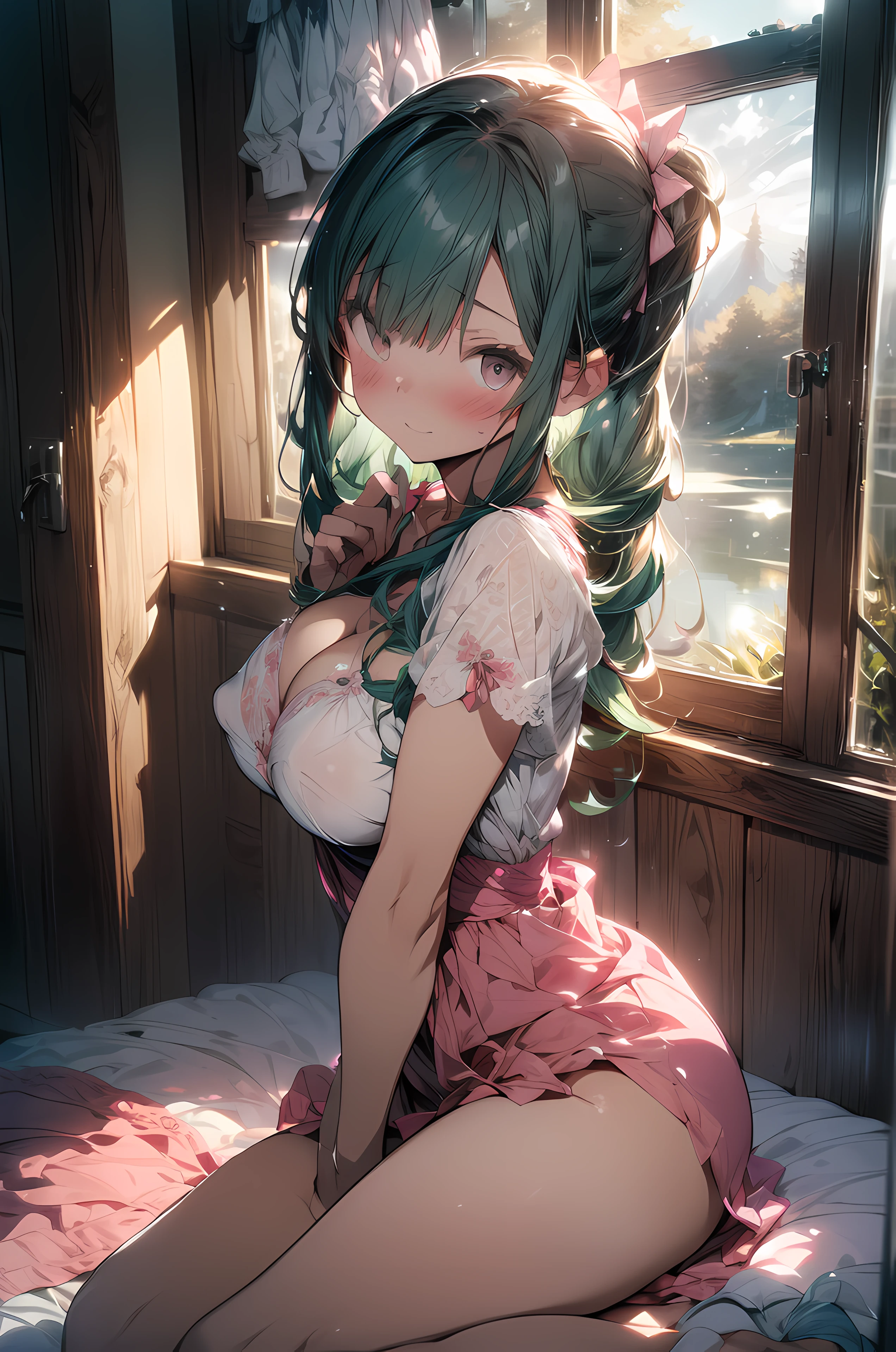 ((sleep on your back on a double bed、Open your legs、raise both knees、Lifting the buttocks、The skirt flips up、Panties exposed、Look away、Turn your face away))、best angle、(cute girl in a pink dress)、smooth translucent white skin、Light pink dress、(extremely details CG、Unity、8K Wallpapers)、(extremely delicate and beautiful)、(masterpiece)、(top-quality:1.0)、(超A high resolution:1.0)、(Precise human body structure)、(Full limbs)、(2 arms)、(2 legs)、(complete fingers)、(Slender beauty)、(Not muscular)、 ((((Expressive eyes, Perfect face, 1girl in, good breasts、round breast、Medium bust、cleavage、Pink nipples、pink areolas、Eliminate nipple protrusions、Pink dress、 Feminine, Blushing, The girl is Bulma from Dragon Ball、Hair Ribbon, braided ponytails, green colored hair、(teats:0.8)、see -through、Perfect dress、Her ass stands out in sexy white panties、Girls' Cats'covered with fur、clean and not hairy、clean、Not Moriman、Clear love juice drips from the crotch)))、cum on、(red blush:1.3)、inside in room、by the window、huge window、Lake seen from the window、beautifully lit landscape、idyllic scenery、serene landscape、Beautiful serene landscape、amazing landscape、in a serene landscape、an amazing landscape image、dreamlike landscape、Beautiful lake、Beautiful Landscapes、stunning landscape、(Set up a room with a view of nature)、(Beautiful lake background seen through the window)、Perfect view、Stunning light reflection、Beautiful Dreamy Landscape