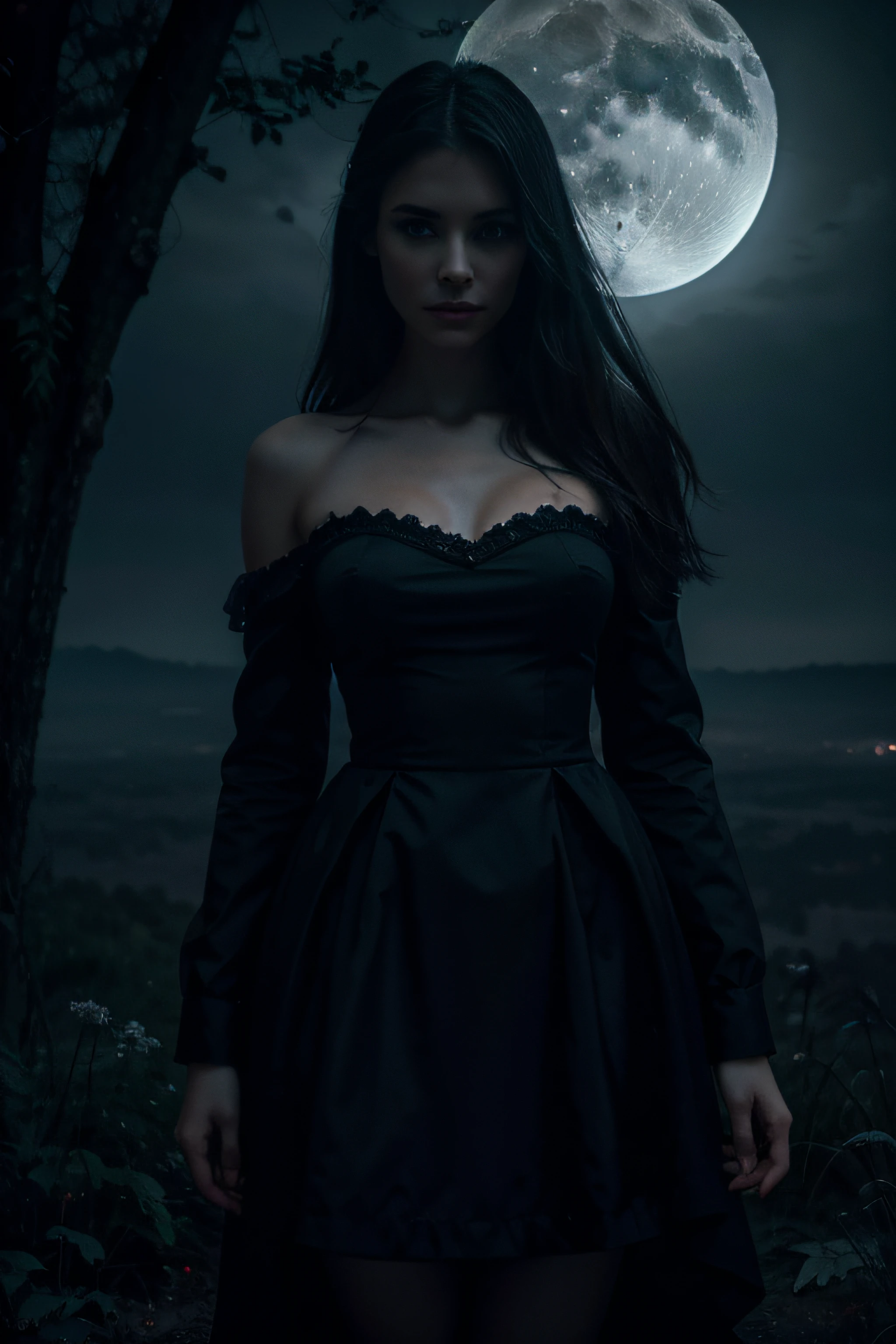 {captivating}, {high resolution}, {1girl}, elegant, breathtaking, digital art, mysterious, dark atmosphere, moonlit, enchanted, surreal, fantasy landscape