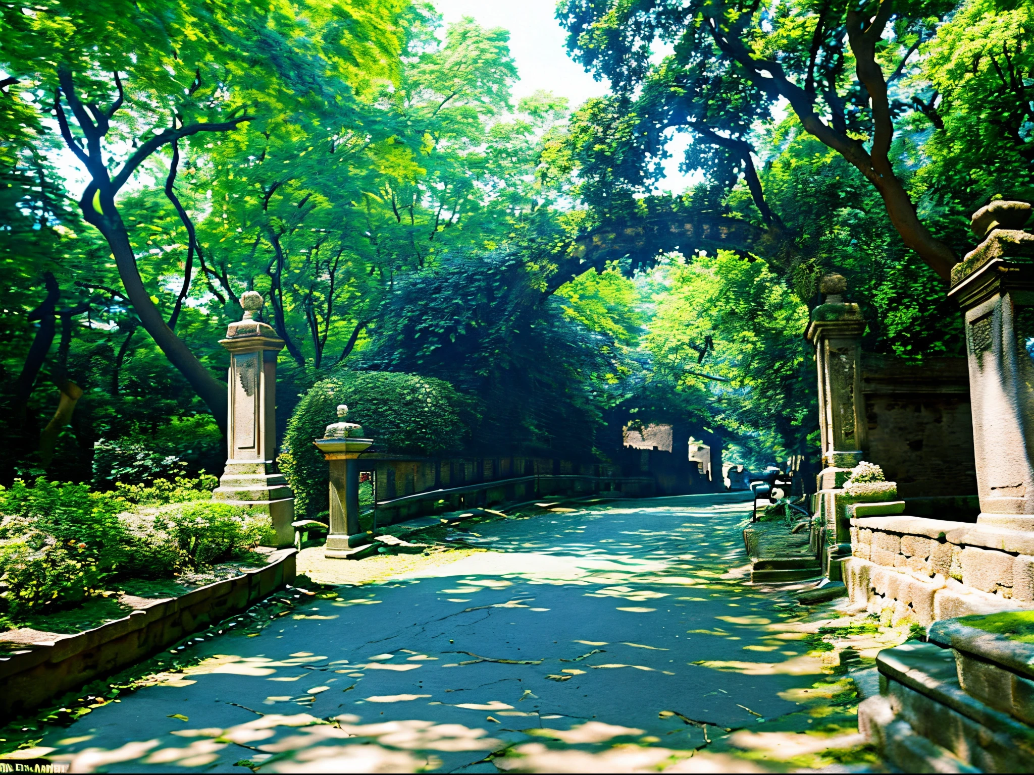 ((Top image quality、masterpiece))、with no people、blue open sky、Ivy wraps around the ruined stone gate、moss-covered statue、a paradise、fruit on green tree、Butterflies dancing on colorful flowers、stone pavement