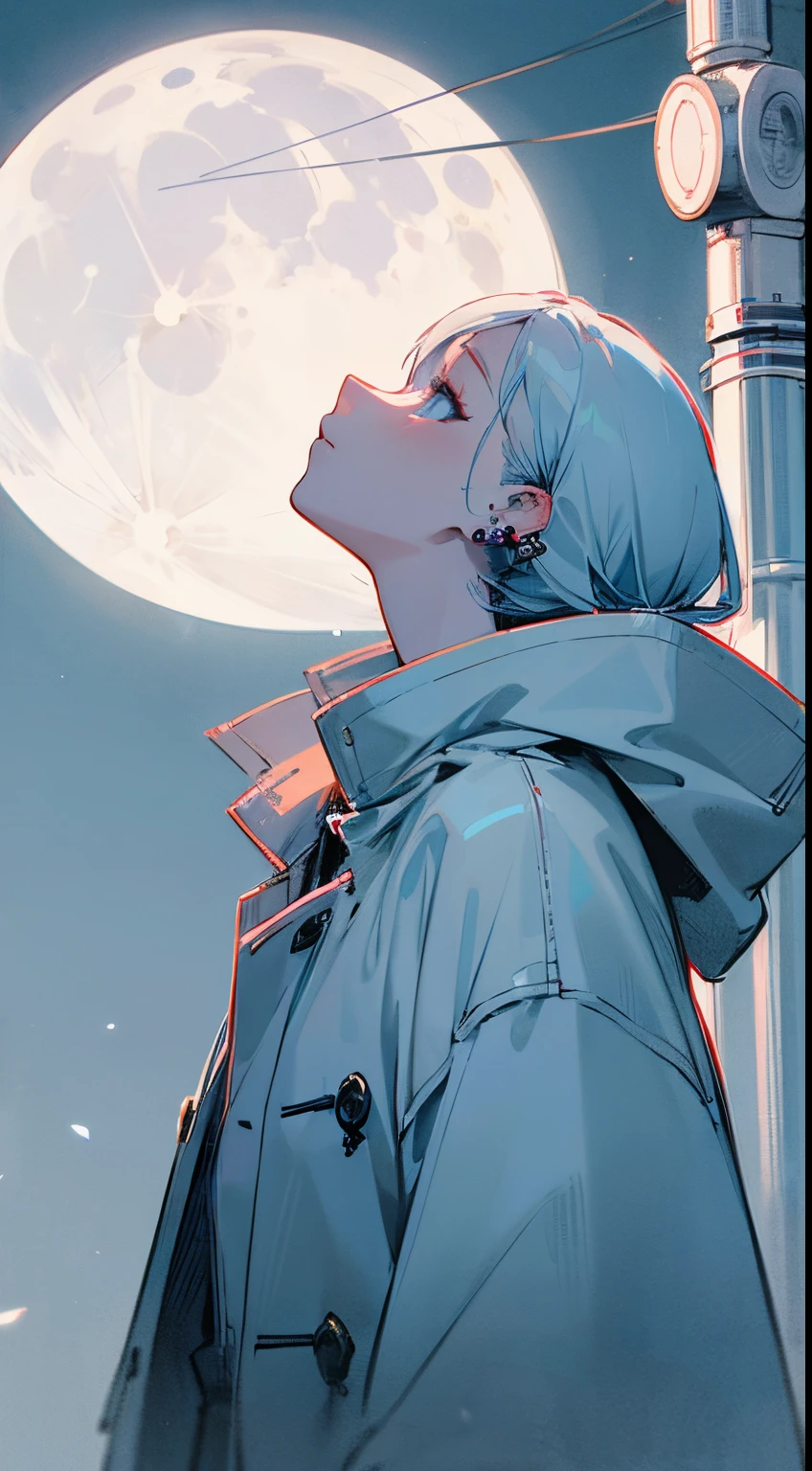 Woman looking up at the moon The moon is hazy with fog Waiting for a traffic light at an intersection A woman's breath is white Cold sky Wearing a coat three ear piercings