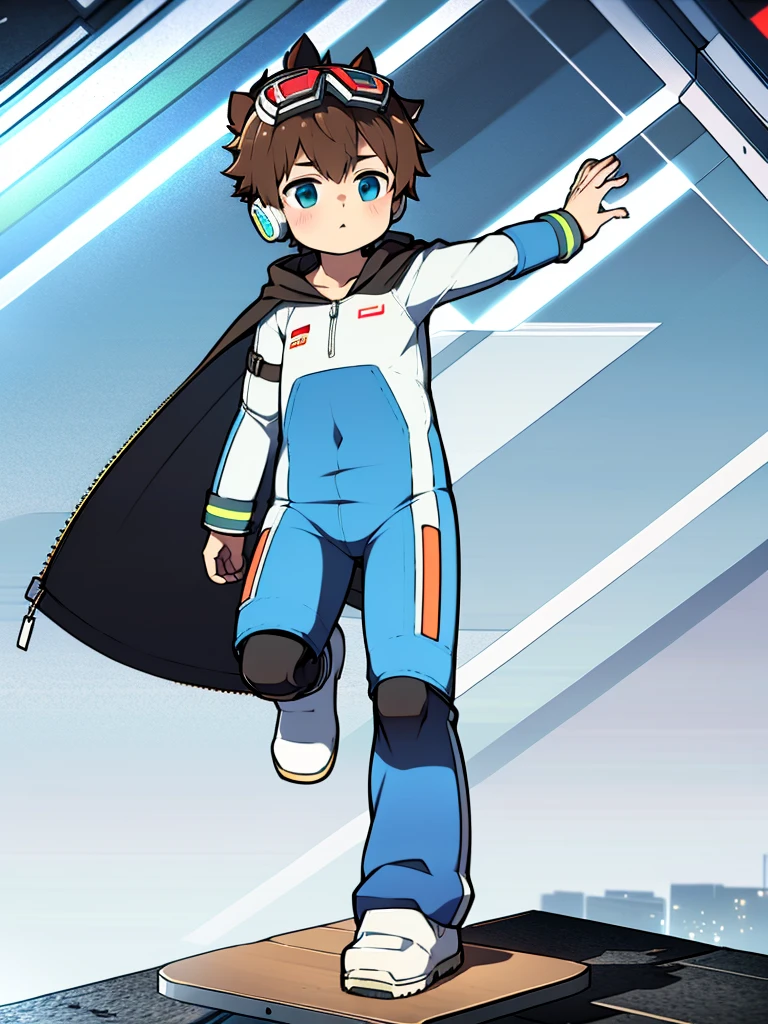 Two-dimensional boy Shota,One-piece ski suit,Wear the headphones on your head,are standing,protective goggles,rabbitears,leg loops,Cloak,are standing